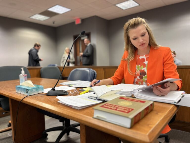 Life Defense Fund attorney Sara Frankenstein readies her case against Dakotans for Health’s abortion rights ballot measure in Sioux Falls on July 15, 2024. South Dakota Searchlight photo by Joshua Haiar.