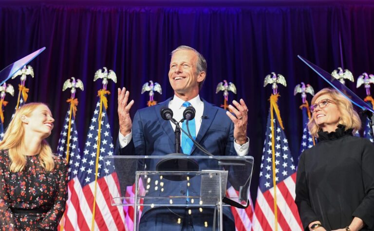 Sen. John Thune, R-S.D., speaks to supporters at the Hilton Garden Inn in Sioux Falls after winning re-election on Nov. 8, 2022. Thune has more than $20 million in his political war chest as he positions himself to replace Mitch McConnell as Senate Republican Leader. Photo courtesy of the Argus Leader.