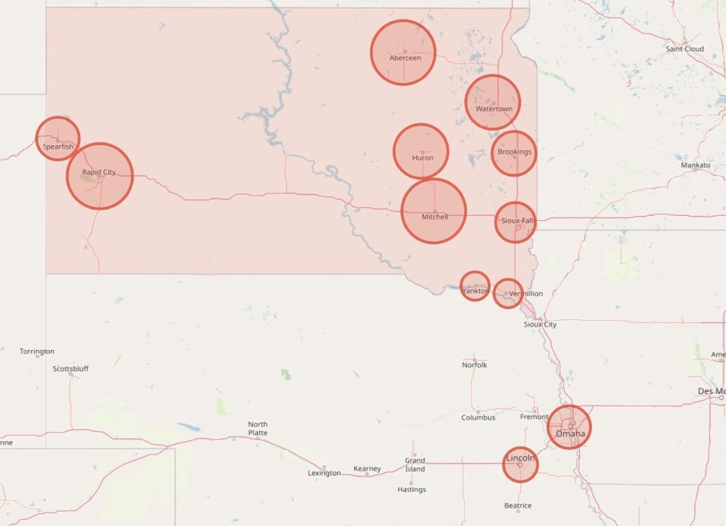 A map showing distribution locations of THC beverages from Global Distributing. Map courtesy of Global Distributing.