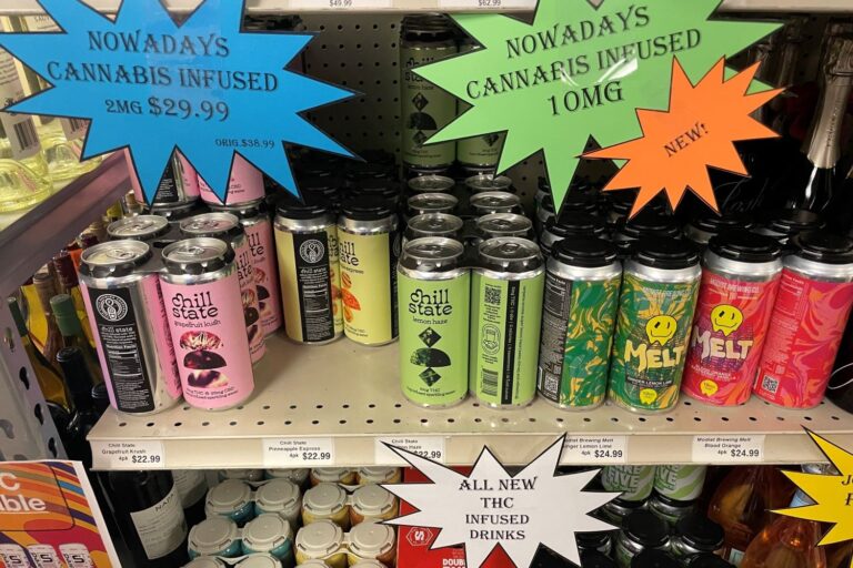 Drinks advertised as THC- and cannabis-infused on the shelves of a Rapid City store in July 2024. South Dakota Searchlight photo by Seth Tupper.