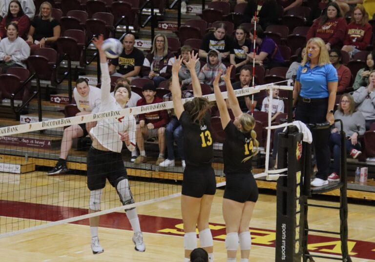 Northern State's Natalia Szybinska goes up for a kill last season against Wayne State. Aberdeen Insider photo by Robb Garofalo