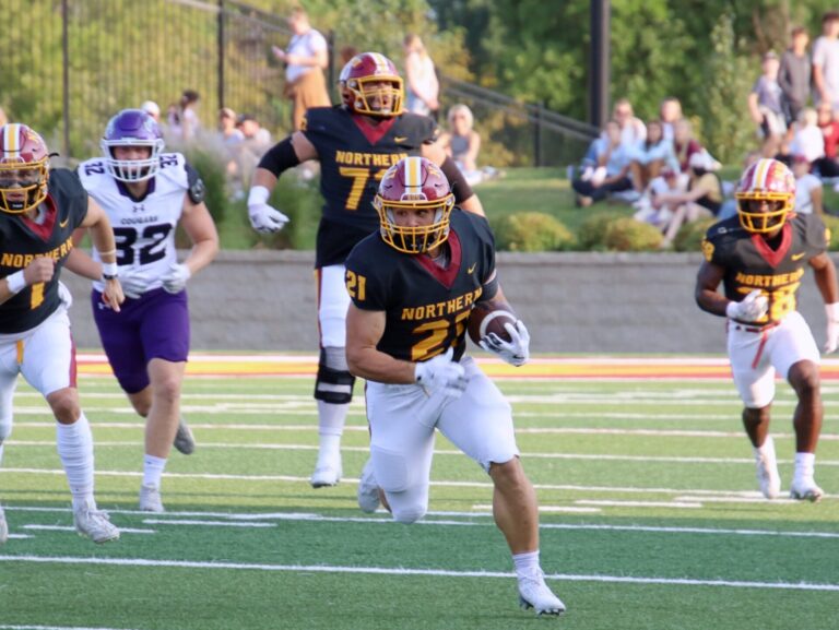 Northern State running back Hank Kraft carries the ball for a 32-yard gain in the first quarter against Sioux Falls Saturday, Sept. 7 in Dacotah Bank Stadium. Aberdeen Insider photo by Robb Garofalo.