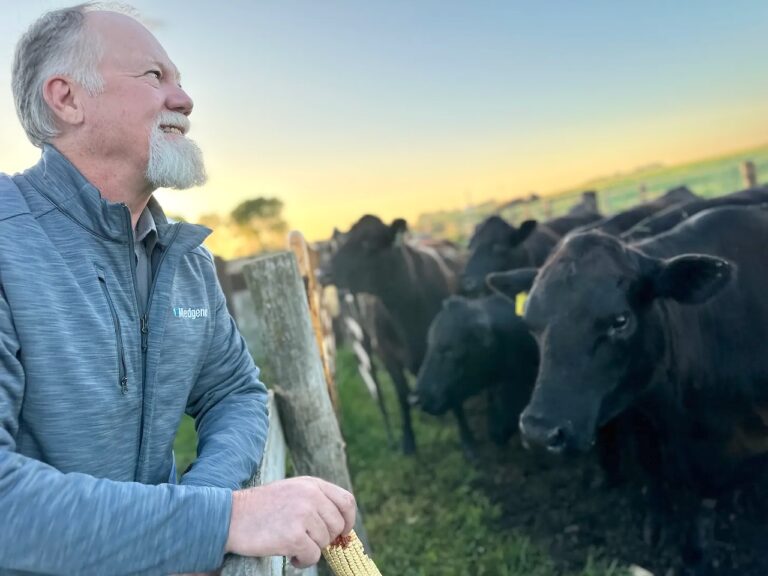 Gary Bosch, Medgene’s executive vice president of sales and marketing, reviews cattle during a conference highlighting the company’s development of a vaccine to combat bird flu in cattle. Courtesy photo.