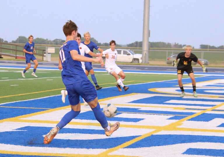 Aberdeen Central's Tyler Bain puts a shot on Sioux Falls Roosevelt goalie Ethan Folsland during the first half of their match Tuesday, Sept. 10 at the Gene Brownell Athletic Complex. Aberdeen Insider photo by Robb Garofalo