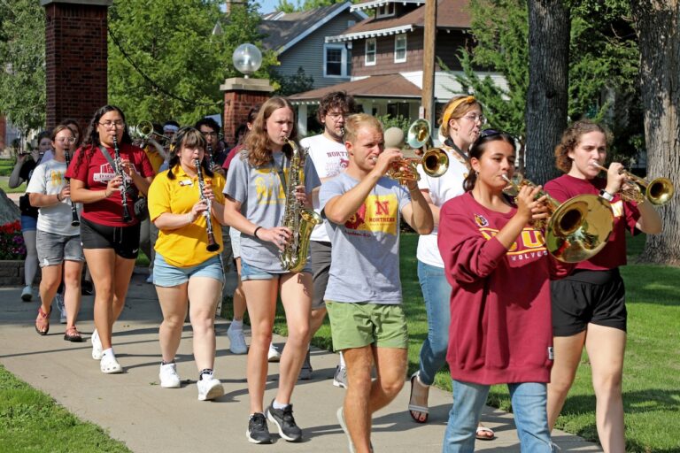 Members of the Northern State University Marching Wolves practice on campus. Photo courtesy of Northern State University.