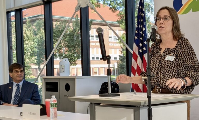 Erin Rudner of Aberdeen, a Democrat running for state House of Representatives in District 3, speaks during a candidate forum Saturday, Sept. 14 at K.O. Lee Aberdeen Public Library. To the right, Republican Al Nostrup listens. Aberdeen Insider photo by Scott Waltman.