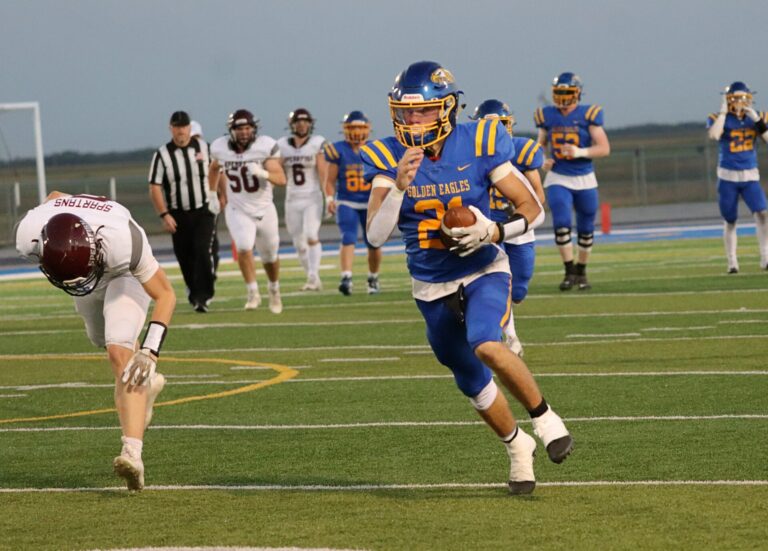 Aberdeen Central's Colby Dauwen breaks free en route to a 72-yard touchdown reception during the second quarter against Spearfish Friday, Sept. 20. The Eagles won the game 14-6. Photo courtesy of Aberdeen School District.