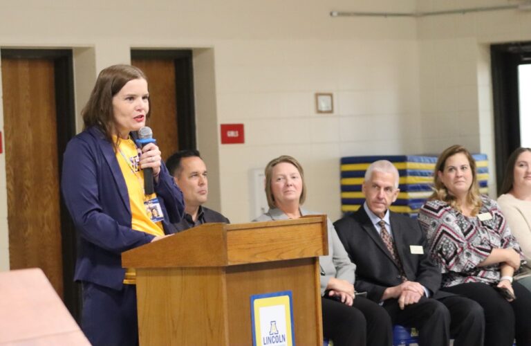 Lincoln Elementary Principal Tasha Gatzemeyer speaks at an assembly on Monday, Sept. 23 announcing the school's Blue Ribbon distinction. Photo courtesy of the Aberdeen Public School District.