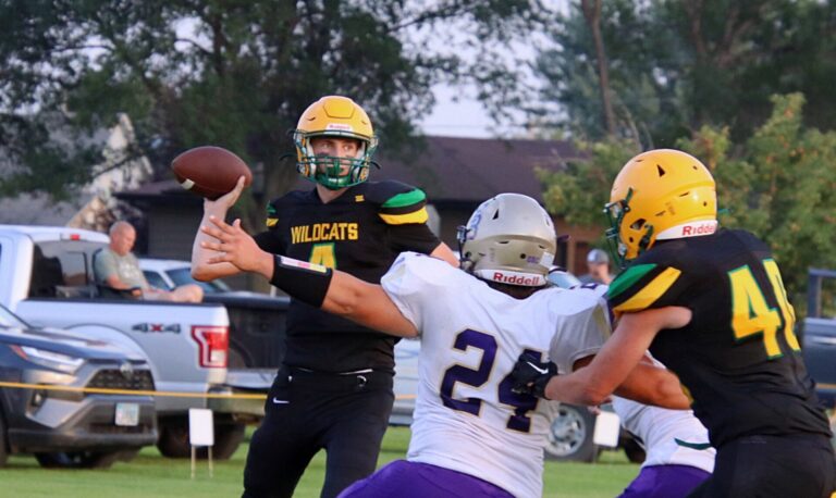 Northwestern's Dallas Stoltenberg throws a pass during the Wildcats' game against Sully Buttes Friday, Aug. 23 in Mellette. Stoltenberg has since been diagnosed with leukemia. Aberdeen Insider photo by Robb Garofalo.