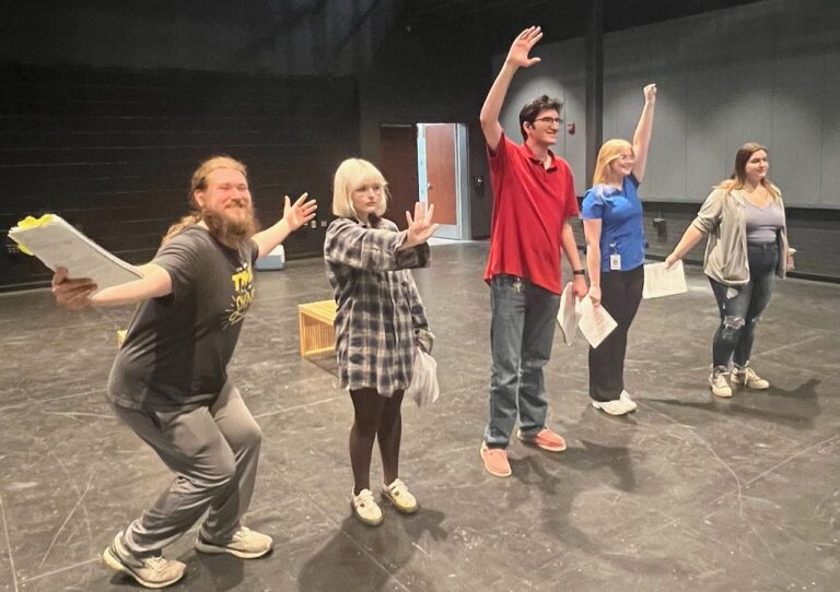 Northern State University students rehearsing for the upcoming production of "Now. Hear. This." are, from left, Cadin Kallenberger, Everett Pitlick, Zach Mzala, Carmen Huber and Meghan Sheet. Courtesy photo from Northern State University.