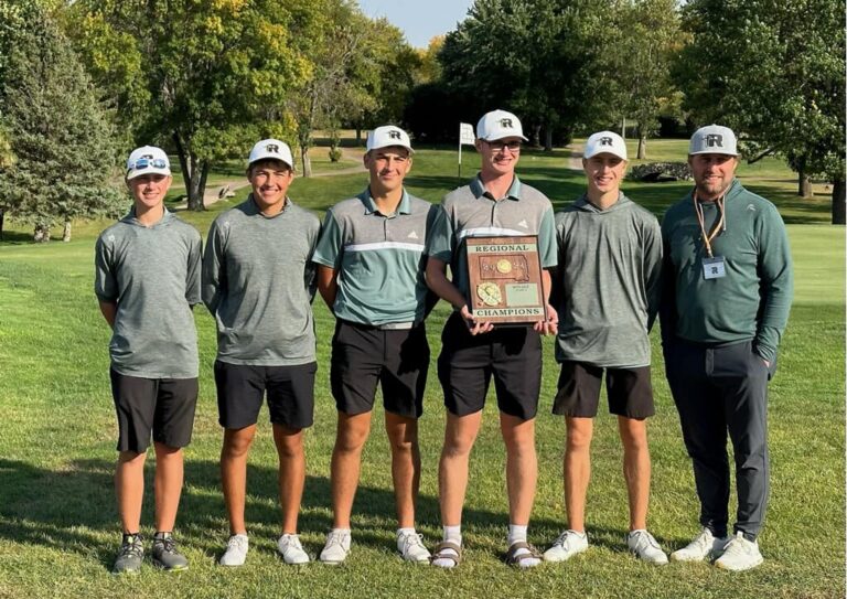 The Aberdeen Roncalli boys golf team won the Region 1A Golf Tournament Monday, Sept. 30 in Milbank. Team members include, from left, Matthew Gerlach, Jesse Hernandez, Finn Anderson, Gannon May, Lucas Daggett, and coach Jon Murdy. Courtesy photo.