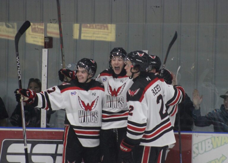 Members of the Aberdeen Wings celebrate Jibber Kuhl's second-period goal Friday, Oct. 4 in the Odde Ice Center. Aberdeen beat Watertown 4-2. Photo courtesy Addyson Thorstad.
