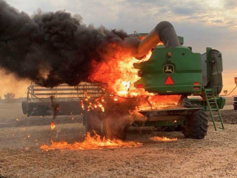 In 2020, the McCranie family of Claremont lost a combine due to fire while combining soybeans. Photo courtesy of the McCranie family.