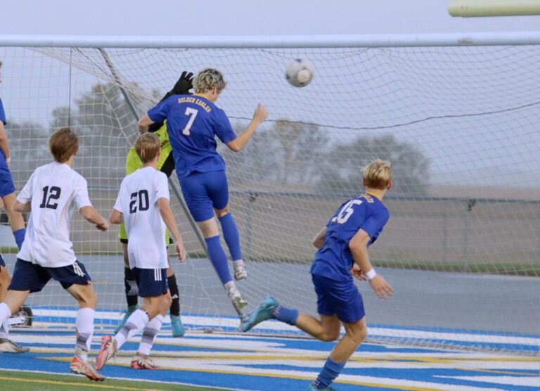 Aberdeen Central's Gavin Yost soars over the Tea Area defense and heads home a second-half goal Tuesday, Oct. 8 in the Class AA playoffs at the Brownell Activities Complex. Aberdeen Insider photo by Robb Garofalo.