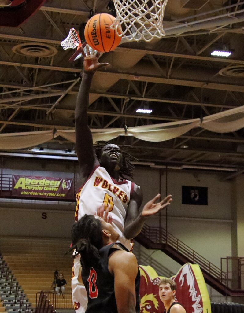 Northern State's Michael Nhial scores on a layup against Minnesota Moorhead last year in the Barnett Center. Northern was picked 13th in the NSIC preseason poll. Aberdeen Insider photo by Robb Garofalo.