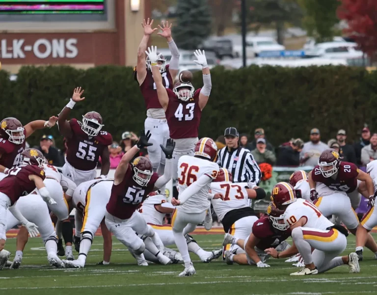 Northern State's Jeremy Caruso kicks a 38-yard field goal to beat Minnesota-Duluth 24-21 on Saturday, Oct. 12 in Minnesota. Photo courtesy Minnesota-Duluth Athletics.