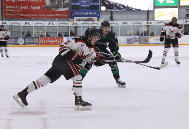 Aberdeen Wings forward Leonid Bulgakov takes a shot on goal during the second period against Northern Iowa on Saturday, Oct. 12 in the Odde Ice Center. The Bulls won 3-1. Aberdeen Insider photo by Robb Garofalo.