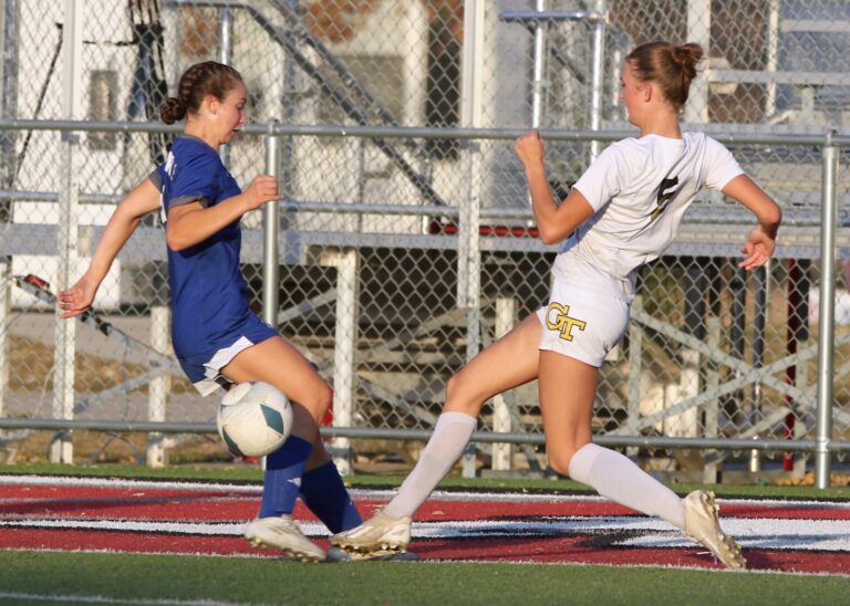Groton Area's Taryn Traphagen, right, battles Sioux Falls Christian's Oaklee Hadler for the ball during the Class A girls soccer final Saturday, Oct. 19 in Yankton. Christian won the state title game 1-0. Photo courtesy of South Dakota Public Broadcasting.