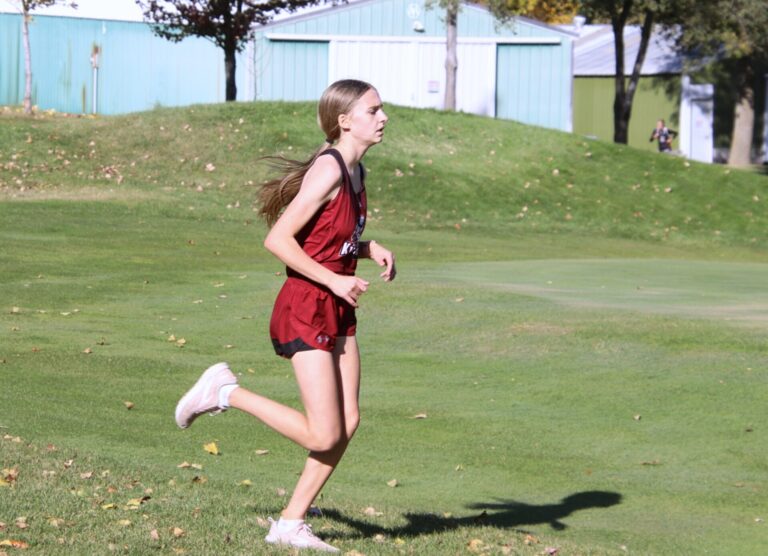 Aberdeen Christian's Clara Herreid competes in the Region 1B girls cross-country meet Wednesday, Oct. 16 in Webster. She is the only runner on Christian's girls team. Aberdeen Insider photo by Robb Garofalo.