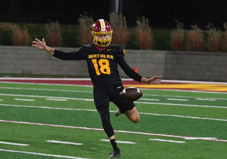 Northern State's Tom Ellard booms punt during the Wolves' game against Southwest Minnesota State Saturday, Oct. 19 at Dacotah Bank Stadium. Photo courtesy of Kory Burdick.