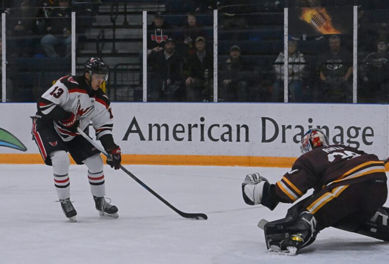 Aberdeen forward Matthew Martin-Gadreault skates in on Minnesota Mallards' goalie Richard Rafaj in the second period Saturday, Nov. 2 at the Odde Ice Center. The Wings won in a shootout. Aberdeen Insider photo by Robb Garofalo.