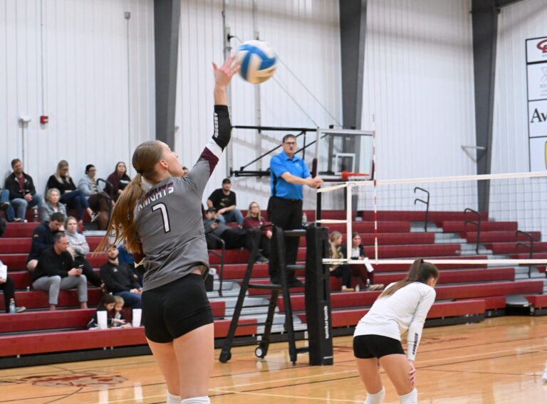 Aberdeen Christian's Payton Skarin hits a jump serve during the second set against Wilmot in a Region 1B Volleyball Tournament match Tuesday, Nov. 5 at the Aberdeen Christian Gym. Aberdeen Insider photo by Robb Garofalo.