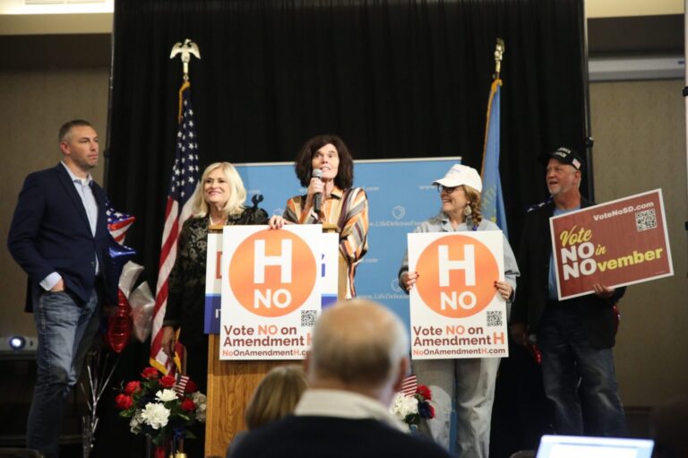 Juliann Talkington, a coordinator for the No on H ballot question committee, speaks to the Life Defense Fund election night watch party on Nov. 5 in Sioux Falls. South Dakota Searchlight photo by Makenzie Huber.