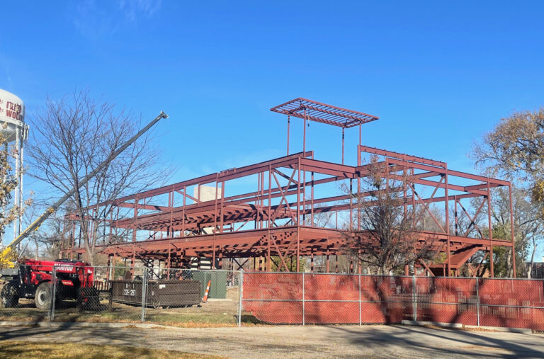 Framing for Northern State University's Business and Health Innovation Center is expected to be finished by December 2025. Aberdeen Insider photo by Elisa Sand.