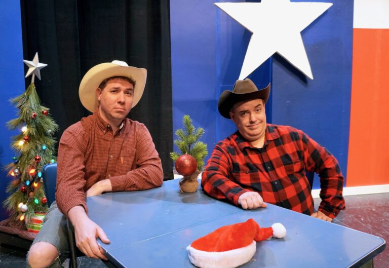 Eliot Lucas, left, and Tony Kollman have multiple costume changes throughout the two-man performance of "A Tuna Christmas." Photo courtesy of Aberdeen Community Theatre.