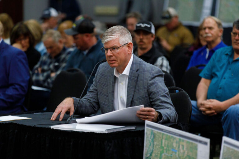 Wade Boeshans, executive vice president of Summit Carbon Solutions, testifies April 22, 2024, in Mandan, North Dakota, during a Public Service Commission hearing. Photo by Kyle Martin for the North Dakota.