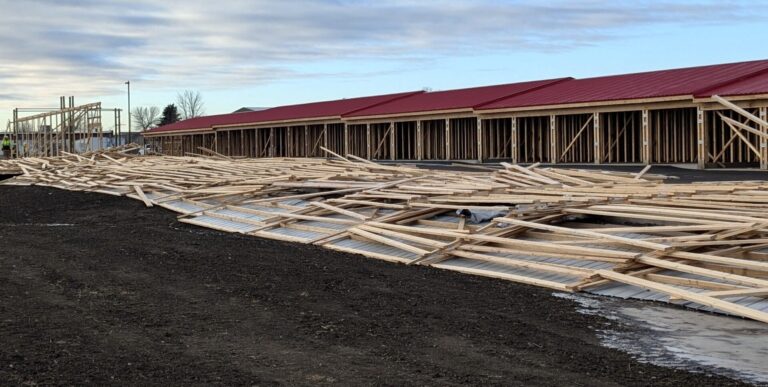 Storage units being built along Melgaard Road just north of Menards were damaged by recent strong winds. Aberdeen Insider photo by Scott Waltman.