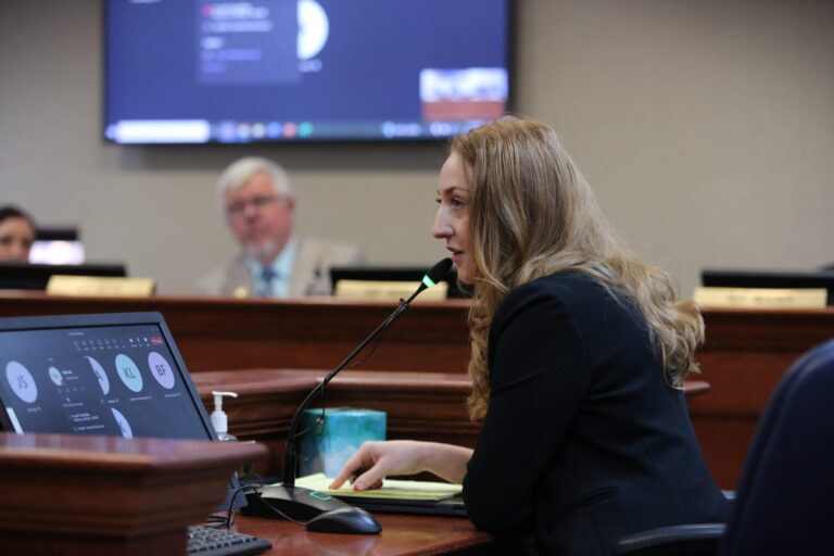 Rep. Kadyn Wittman, D- Sioux Falls, testifies before the state House Education Committee on Jan. 22, 2024. She aghast U.S. Sen. Mike Rounds' proposal to eliminate the federal Department of Education. South Dakota Searchlight photo by Joshua Haiar.