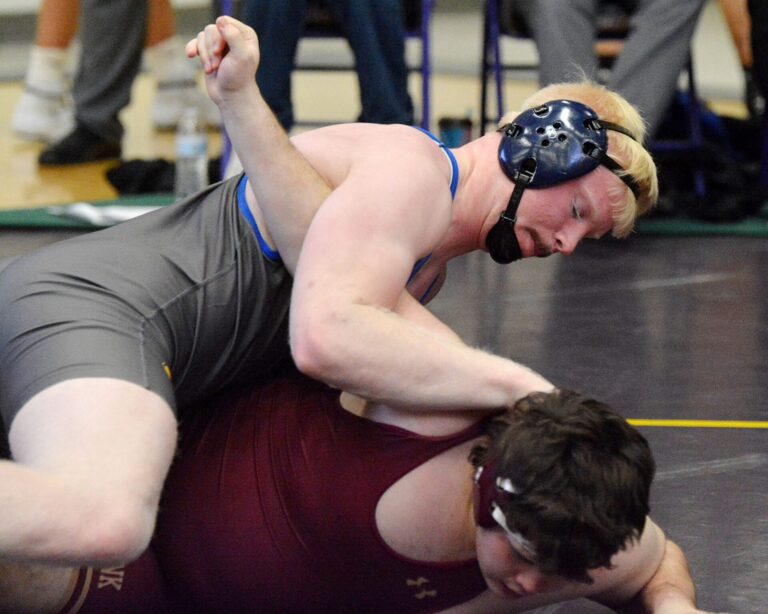 Aberdeen Central's Ryker Meister works against Milbank's Hunter Reede during their 215-pound match in the Marv Sherrill Duals wrestling tournament on Saturday, Dec. 7, 2024, in the Watertown Civic Arena. Courtesy photo