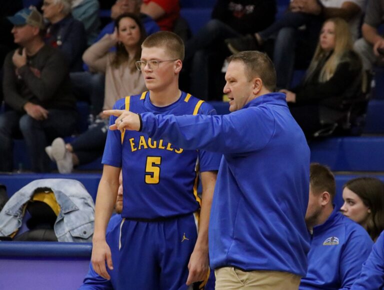 Aberdeen Central head coach Brent Norberg instructs Spencer Barr during a game last season at Golden Eagles Arena. Central opens the 2024-25 season with games at Rapid City Central and Rapid City Stevens. Aberdeen Insider photo by Robb Garofalo.