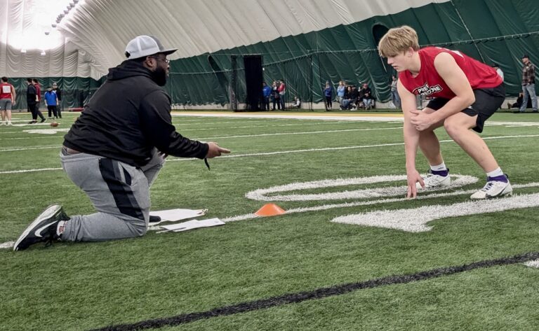 A high school student starts the pro shuttle drill during a Prep Redzone football scouting event on Sunday, Dec. 8 at the Aberdeen Dome. Aberdeen Insider photo by Scott Waltman.