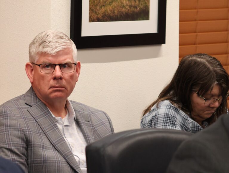 Wade Boeshans, executive vice president of Summit Carbon Solutions, listens during a meeting of the North Dakota Industrial Commission on Dec. 12, 2024, in Bismarck. North Dakota Monitor by Mary Steurer.