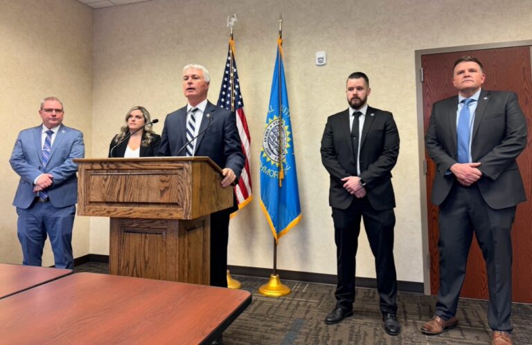 Attorney General Marty Jackley, center, and staff from his office address the media in Sioux Falls regarding another corruption scandal in state government. The Dakota Scout photo by Austin Goss.