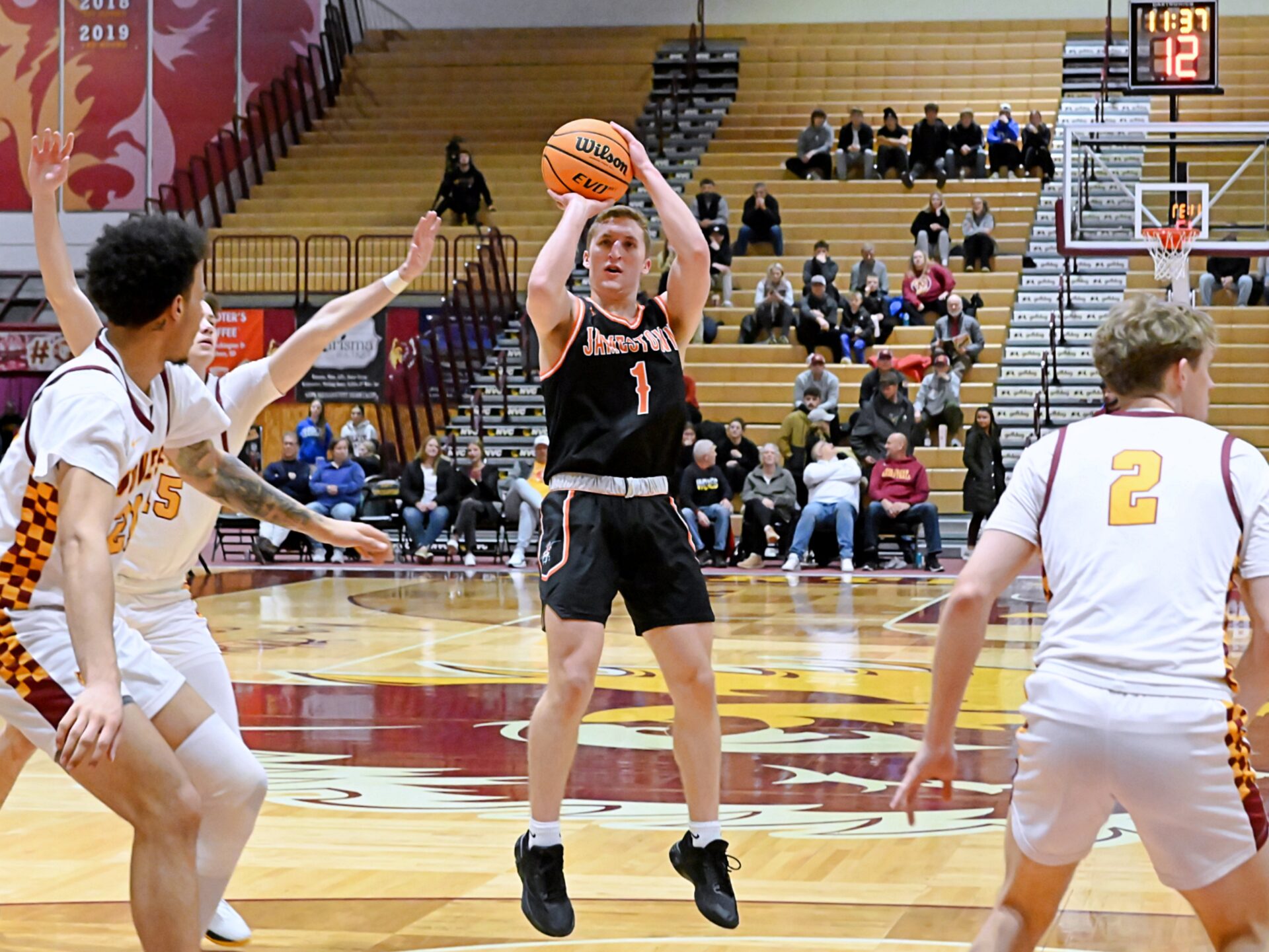 Jamestown's Spencer Barr takes a pull-up jumper from the foul line during the first half against Northern State Monday, Dec. 16 in Wachs Arena. Aberdeen Insider photo by Robb Garofalo.