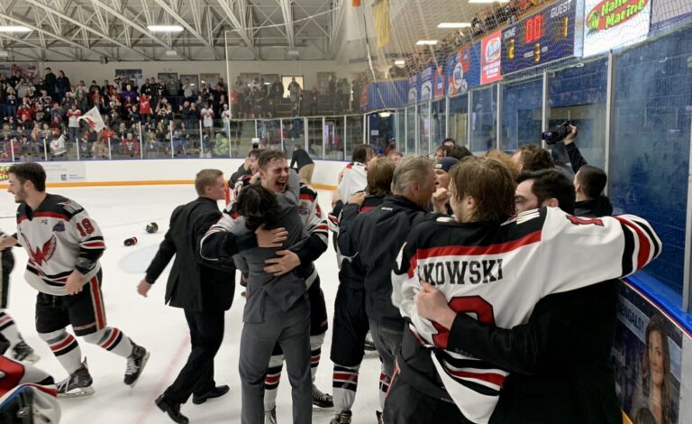 The Aberdeen Wings celebrate winning the 2019 North American Hockey League Robertson Cup championship in Blaine, Minn. Photo courtesy of the Aberdeen Wings.