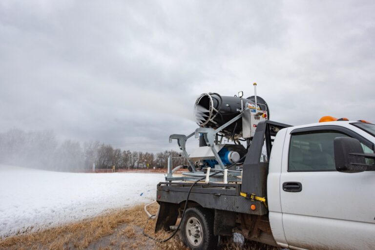 Snow is being produced at Area Federal Credit Union Sledding Hill east of Holgate Middle School. The snow-making machine and a pice of grooming equipment were purchased with money raised by the 2024 Leadership Aberdeen Class. Aberdeen Insider photo by Troy McQuillen.