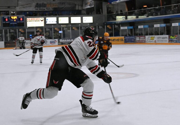 Aberdeen Wings forward Jibber Kuhl takes a shot on goal in the first period against Minnesota Saturday, Jan. 4 inside the Odde Ice Center. The Wings won the game 4-1. Aberdeen Insider photo by Robb Garofalo.