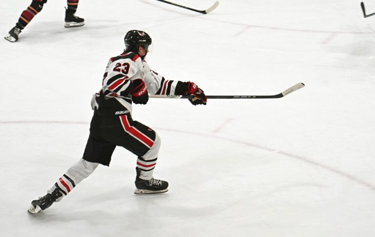 Aberdeen Wings forward Cole Saterdalen follows through after scoring a second-period goal against the Minot Minotauros Friday, Jan. 17 inside the Odde Ice Center. Minot claimed a 3-1 victory. Aberdeen Insider phot by Robb Garofalo.