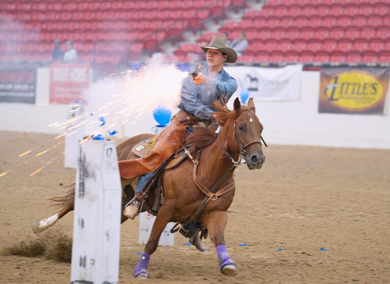 Groton's Turner Thompson takes out a balloon during the U.S. Western Championship mounted shooting event in Las Vegas. Courtesy photo.