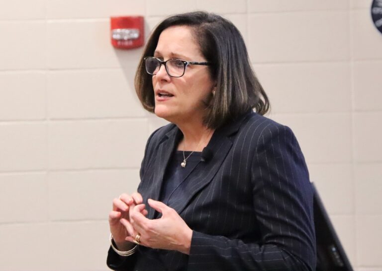 Jacqueline Edmondson, president of the University of Southern Maine, shares her thoughts on the rural and urban divide at a lecture on Monday, Jan. 27 at Northern State University's Johnson Fine Arts Center. Aberdeen Insider photo by Elisa Sand.
