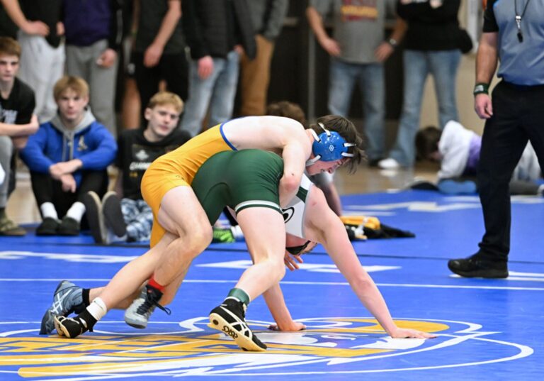Aberdeen Central's Elias Biegler maintains position during his 165-pound final against Clark/Willow Lake's Elliot Bratland Saturday, Feb. 1 at the Lee Wolf Invitational at Golden Eagles Arena. Biegler won to claim the weight class championship. Aberdeen Insider photo by Robb Garofalo.