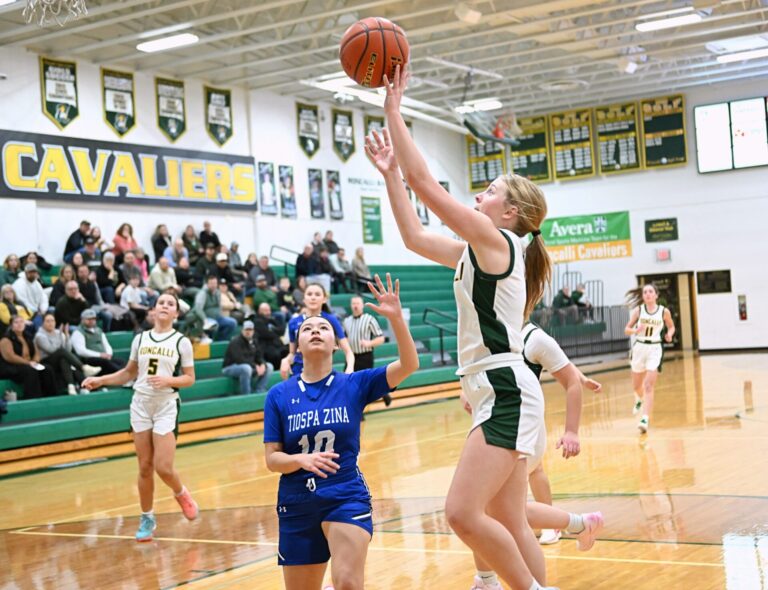 Aberdeen Roncalli's McKenna O'Keefe drives and scores during Roncalli's 64-26 win over Tiospa Zina Monday, Feb. 3 inside Roncalli Gym. Aberdeen Insider photo by Robb Garofalo.