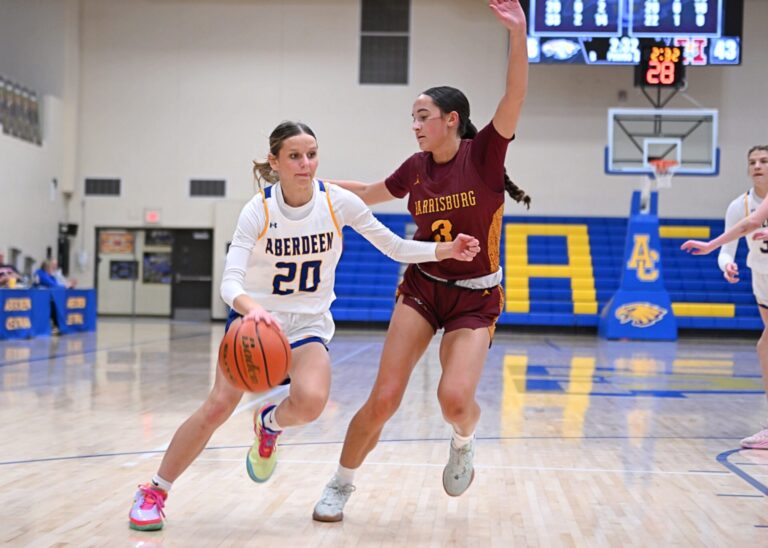 Aberdeen Central's Emma Dohrer drives to the basket on Harrisburgs' Brynn VanBockern during the third quarter Friday, Feb. 7 at Golden Eagles Arena. Dorher had seven points and four assists in a 57-44 loss. Aberdeen Insider photo by Allie Hoekman.