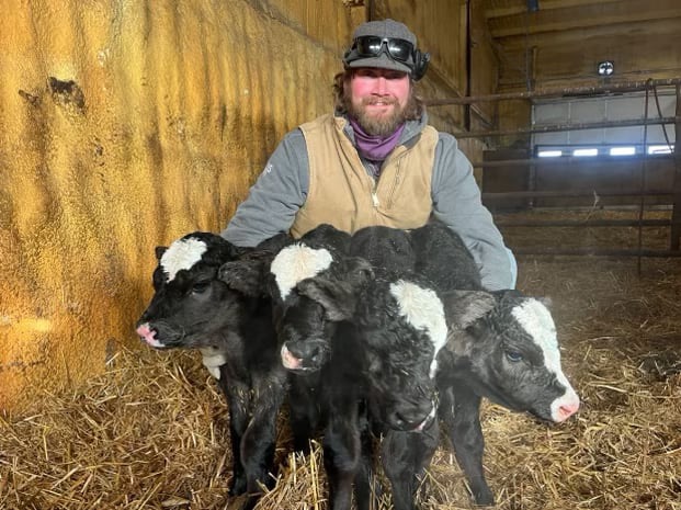 Owen Stavick poses with quadruplet bull calves Harry, Lloyd, Curly and Mo at the Stavick Ranch at Veblen. Courtesy photo.