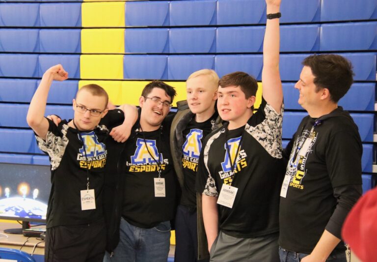 Central High School's two Mario Kart Special Olympics teams competed in the championship match on Saturday, Feb. 15 at the State Esports Tournament in Aberdeen. Pictured, from left, are Joseph Pierce, Connor Austin, Wyatt Severon, Zachary Bau and Aberdeen Esports Coach Aaron Galeana. Aberdeen Insider photo by Elisa Sand.