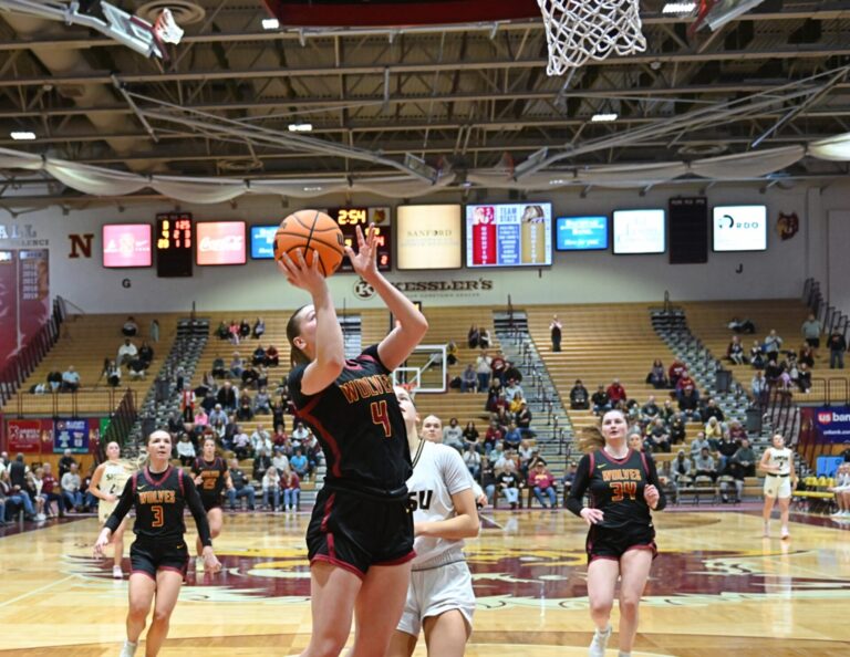 Morgan Fiedler finishes a fast break with a layup during the fourth quarter of Northern State's game against Southwest Minnesota State Saturday, Feb. 22 inside Wachs Arena. Northern knocked off 17th-ranked SMSU 78-75. Aberdeen Insider photo by Robb Garofalo.
